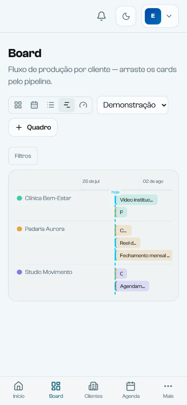 AGX Hub no celular: o mesmo quadro visto como linha do tempo, com uma raia por cliente e as entregas posicionadas por data.