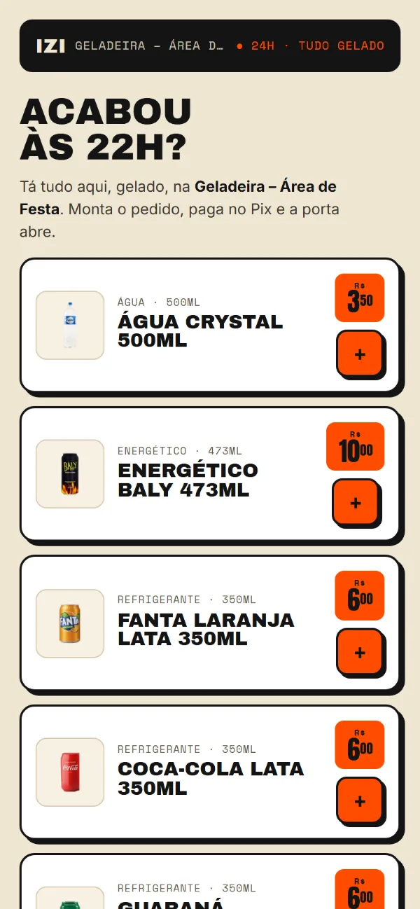 Izi Tudo no celular: catálogo da geladeira com bebidas, preço em destaque e um botão de adicionar em cada item.