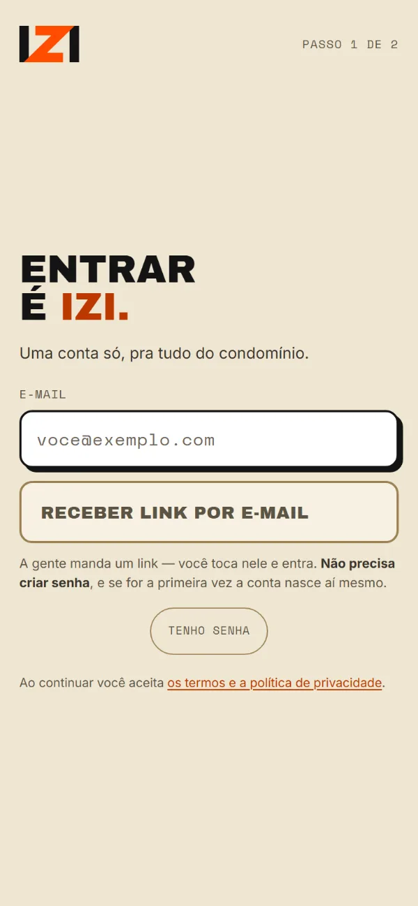 Izi Tudo no celular: tela de entrada com acesso por link no e-mail, sem precisar criar senha.