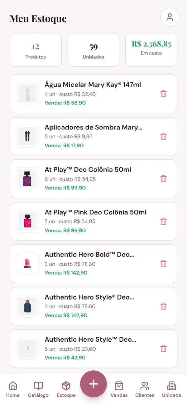 Meu Negócio Rosa no celular: lista de estoque com total de produtos, unidades e custo, e cada item com quantidade, custo e preço de venda.