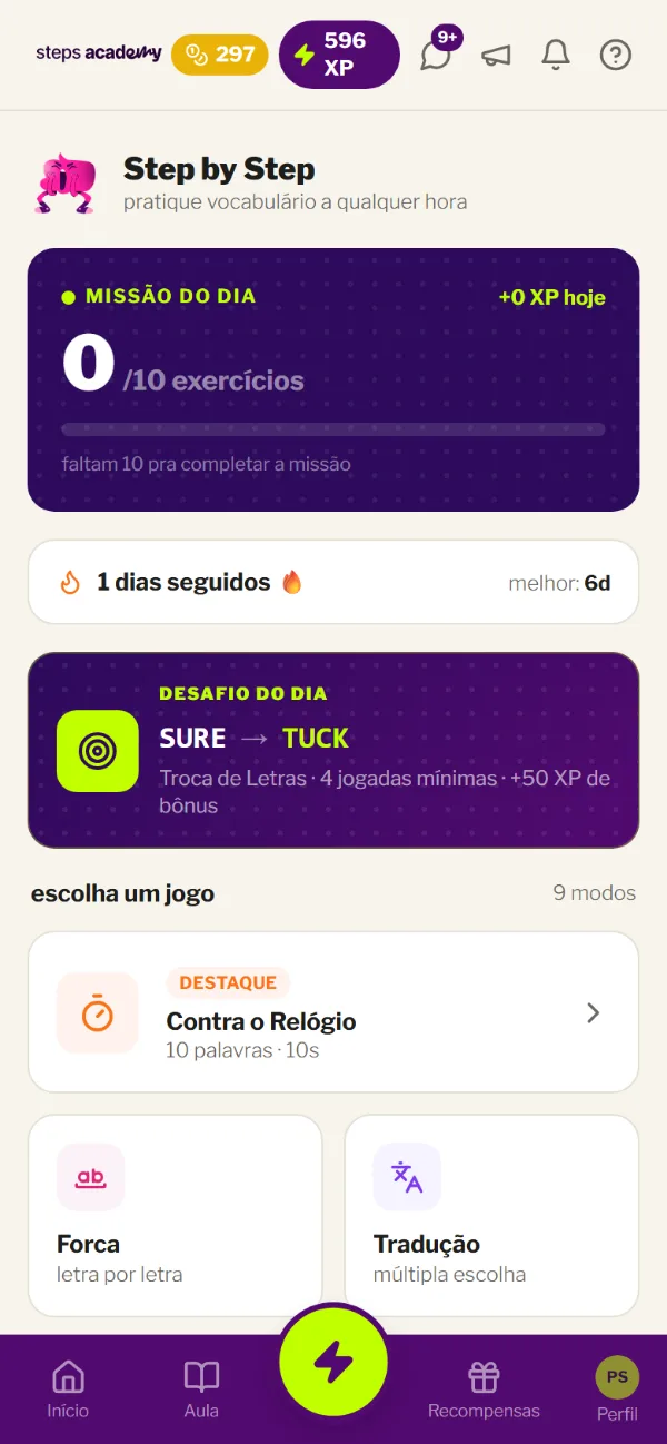 Aplicativo da Steps Academy no celular: tela de prática de vocabulário com missão do dia, sequência de dias e lista de jogos.